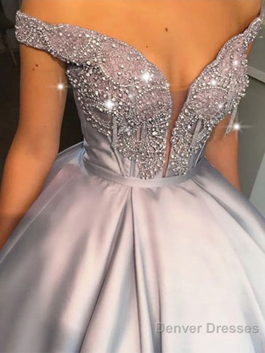 Ball Gown Off-the-Shoulder Floor-Length Satin Prom Dresses With Beading Secondary image