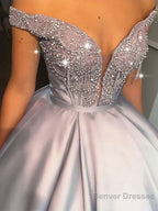 Ball Gown Off-the-Shoulder Floor-Length Satin Prom Dresses With Beading