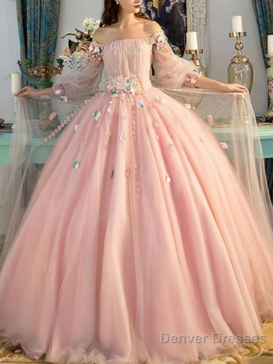 Ball Gown Off-the-Shoulder Floor-Length Tulle Prom Dresses With Flower Secondary image