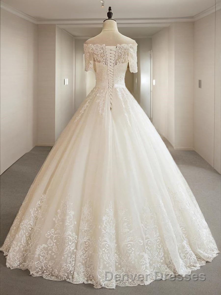 Ball Gown Off-the-Shoulder Floor-Length Tulle Wedding Dress With Appliques Lace Main image
