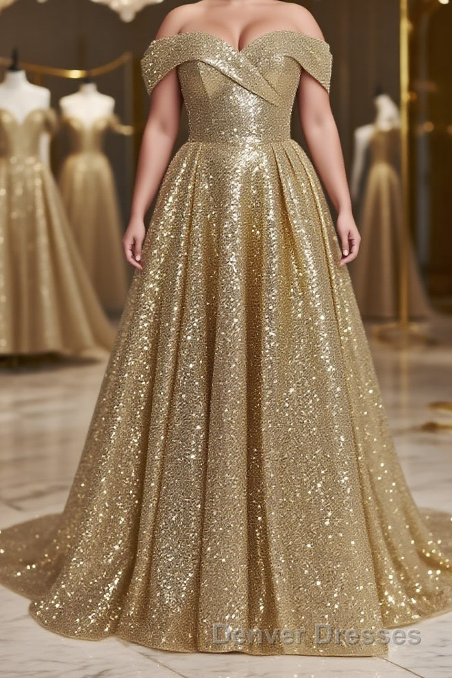 Ball Gown Off-the-Shoulder Sweep Train Sequins Prom Dress With Lace Main image