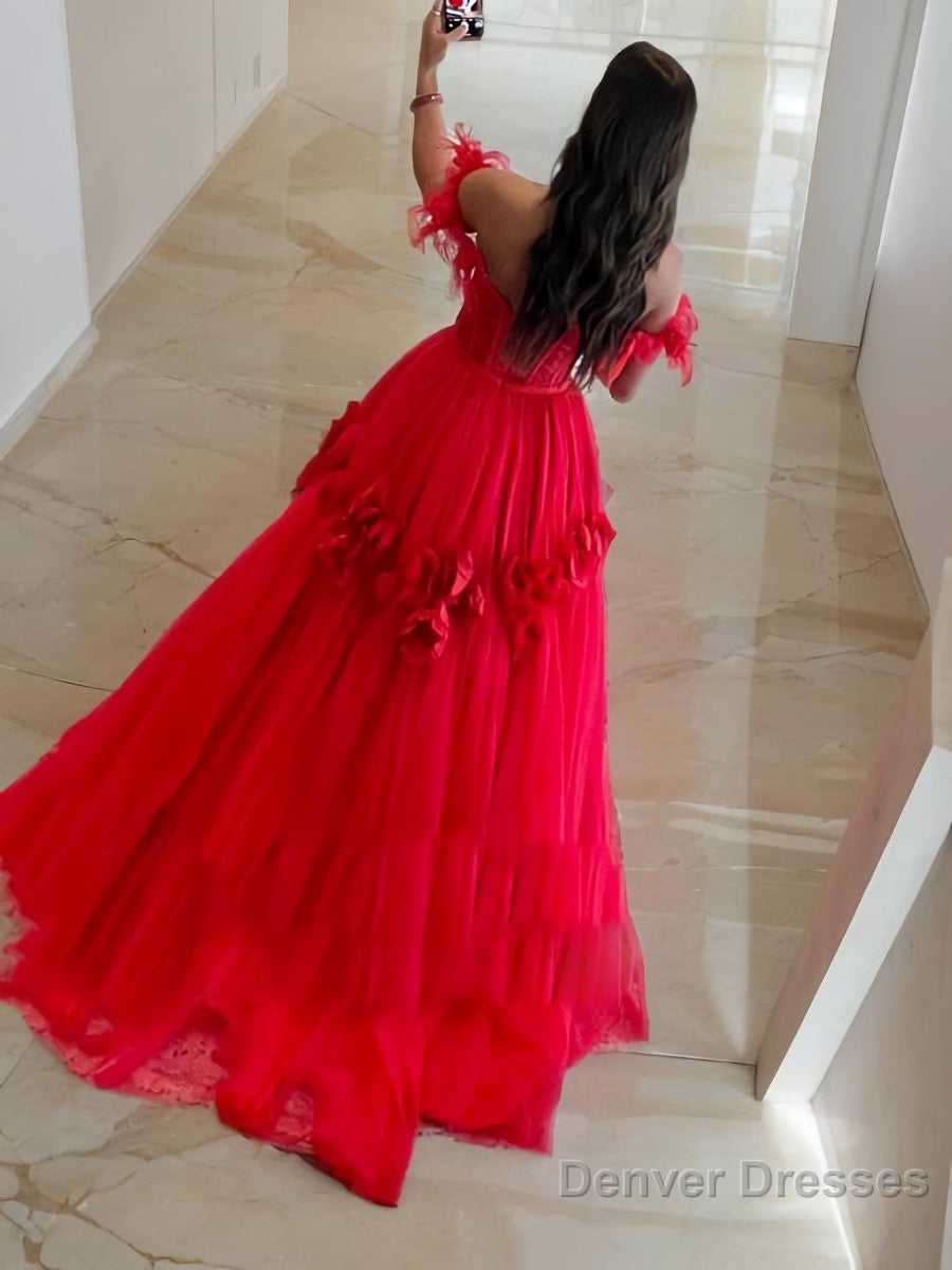 Ball Gown Off-the-Shoulder Sweep Train Tulle Prom Dresses With Flower Secondary image