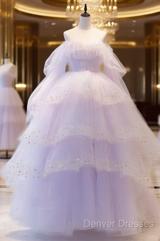 Ball Gown Off The Shoulder Tulle Lilac Prom Dress Evening Dress