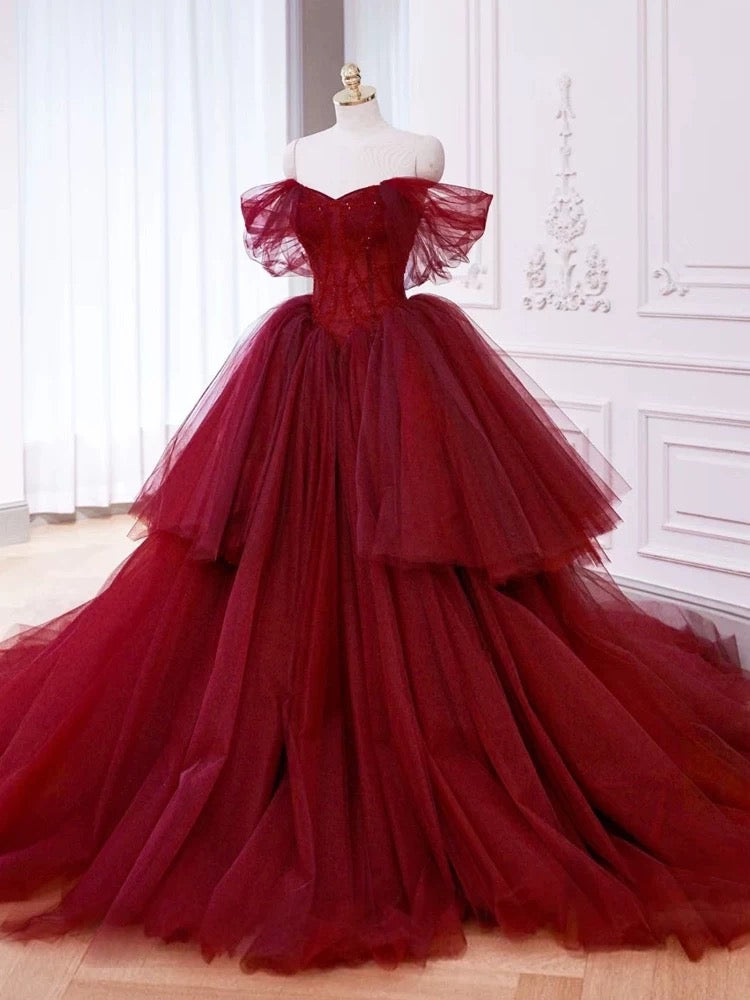 Ball Gown Off The Shoulder Tulle Red Sweet 16 Dress