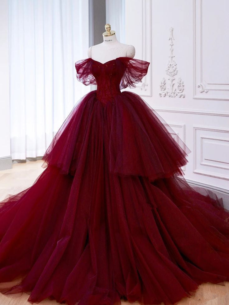 Ball Gown Off The Shoulder Tulle Red Sweet 16 Dress