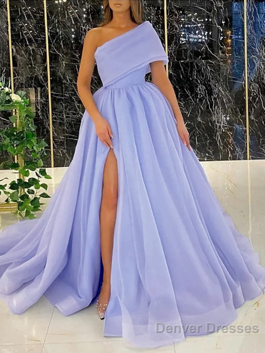 Ball Gown One-Shoulder Sweep Train Organza Prom Dresses With Leg Slit Secondary image