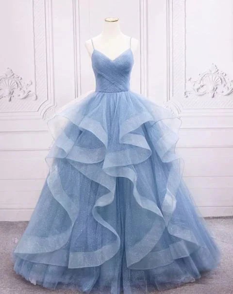 Green/Blue Long Shiny Elegant Spaghetti Straps Long Ruffled Organza Ball Gown Evening Dress Quinceanera Dress