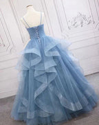 Green/Purple/Blue Fashion Elegant Spaghetti Strap Long Organza Ruffles Ball Gown Evening Gown Graduation Gown Adult Ceremony Gown