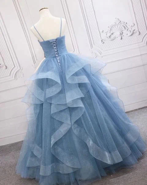 Green/Purple/Blue Fashion Elegant Spaghetti Strap Long Organza Ruffles Ball Gown Evening Gown Graduation Gown Adult Ceremony Gown