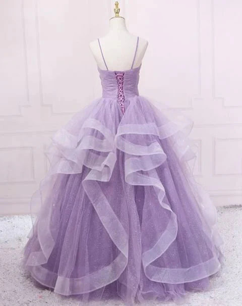 Green/Purple/Blue Fashion Elegant Spaghetti Strap Long Organza Ruffles Ball Gown Evening Gown Graduation Gown Adult Ceremony Gown