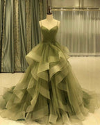 Green/Purple/Blue Fashion Elegant Spaghetti Strap Long Organza Ruffles Ball Gown Evening Gown Graduation Gown Adult Ceremony Gown