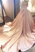 Ball Gown Pink Sweetheart Lace Prom Formal Dress With Court Train