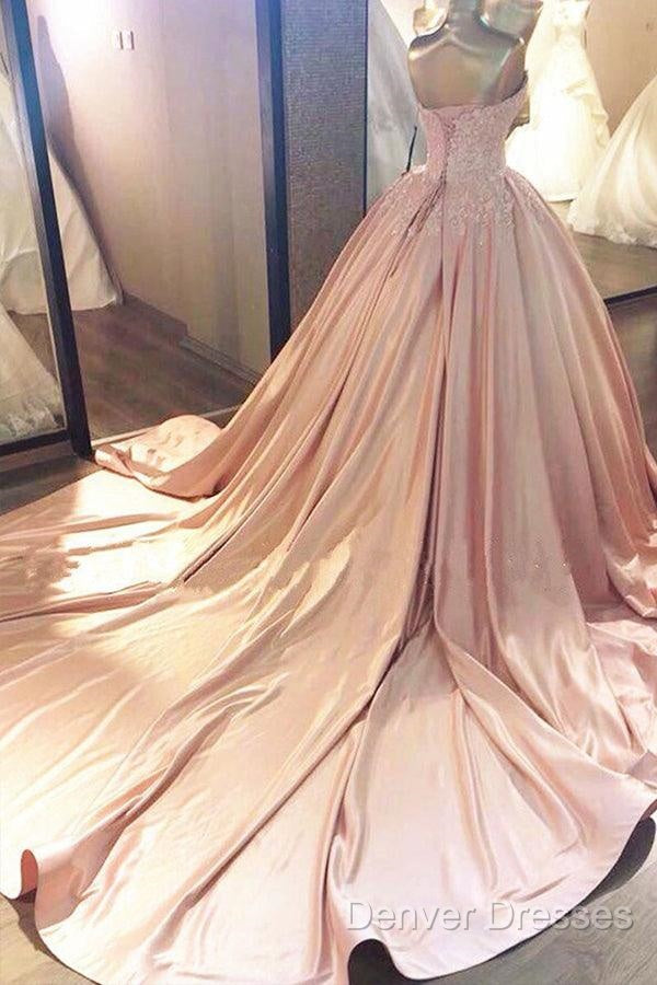 Ball Gown Pink Sweetheart Lace Prom Formal Dress With Court Train