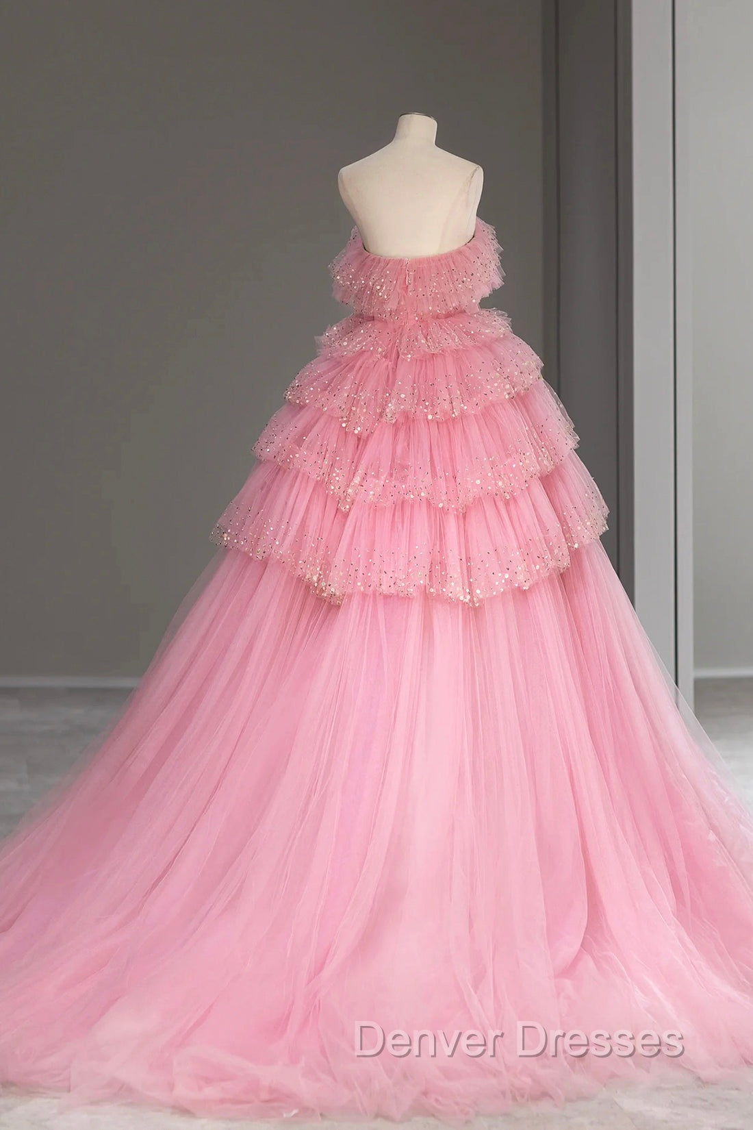 Ball Gown Pink Tulle Sequins Long Prom Evening Dress, Beautiful Pink Strapless Sweet 16 Dress Secondary image