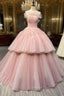 Ball Gown Pink Tulle Strapless Long Prom Evening Dress, Pink Sweet 16 Dress