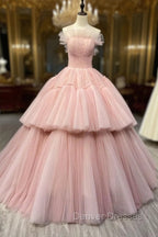 Ball Gown Pink Tulle Strapless Long Prom Evening Dress, Pink Sweet 16 Dress