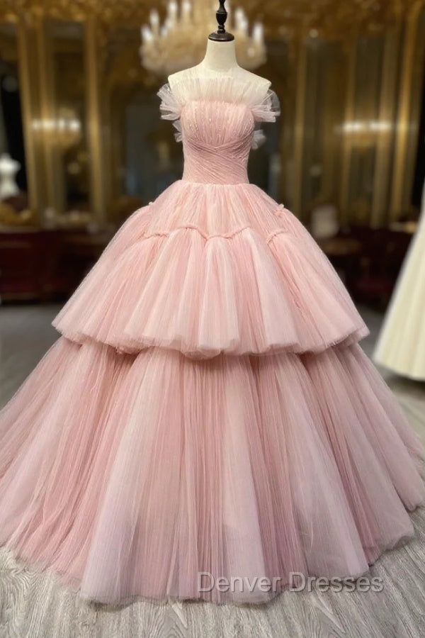 Ball Gown Pink Tulle Strapless Long Prom Evening Dress, Pink Sweet 16 Dress