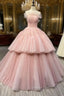 Ball Gown Pink Tulle Strapless Long Prom Evening Dress, Pink Sweet 16 Dress