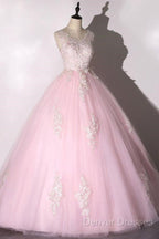 Ball Gown Pink V-Neck Prom Dress Tulle Applique Long Evening Dress