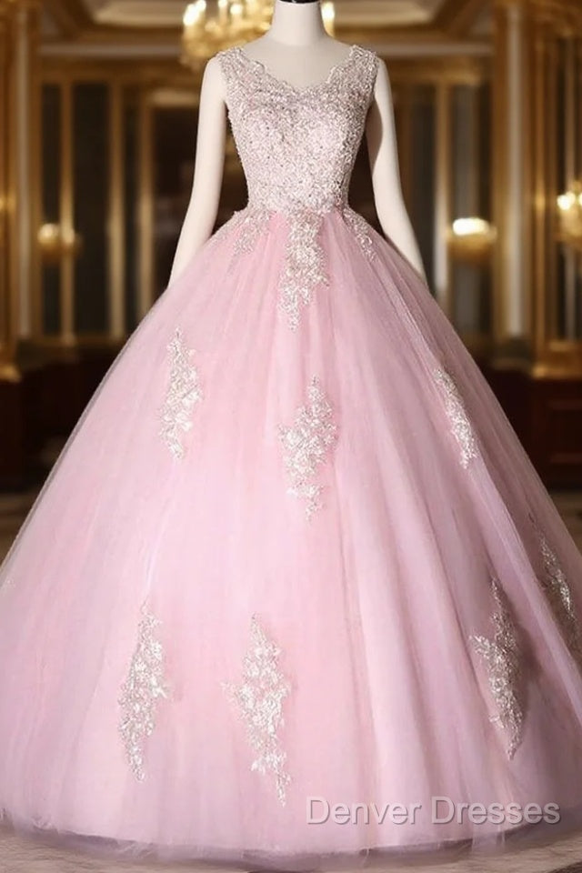 Ball Gown Pink V-Neck Prom Dress Tulle Applique Long Evening Dress Main image