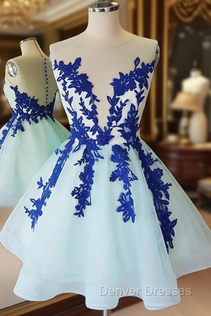 Ball Gown Princess Illusion Neck Sleeveless Organza Knee-Length Homecoming Dress With Appliqued