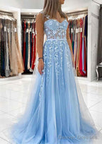 Ball Gown Princess Sweetheart Tulle Sweep Train Prom Dresses With Appliqued Lace