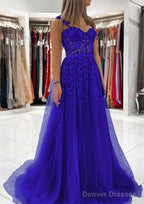 Ball Gown Princess Sweetheart Tulle Sweep Train Prom Dresses With Appliqued Lace