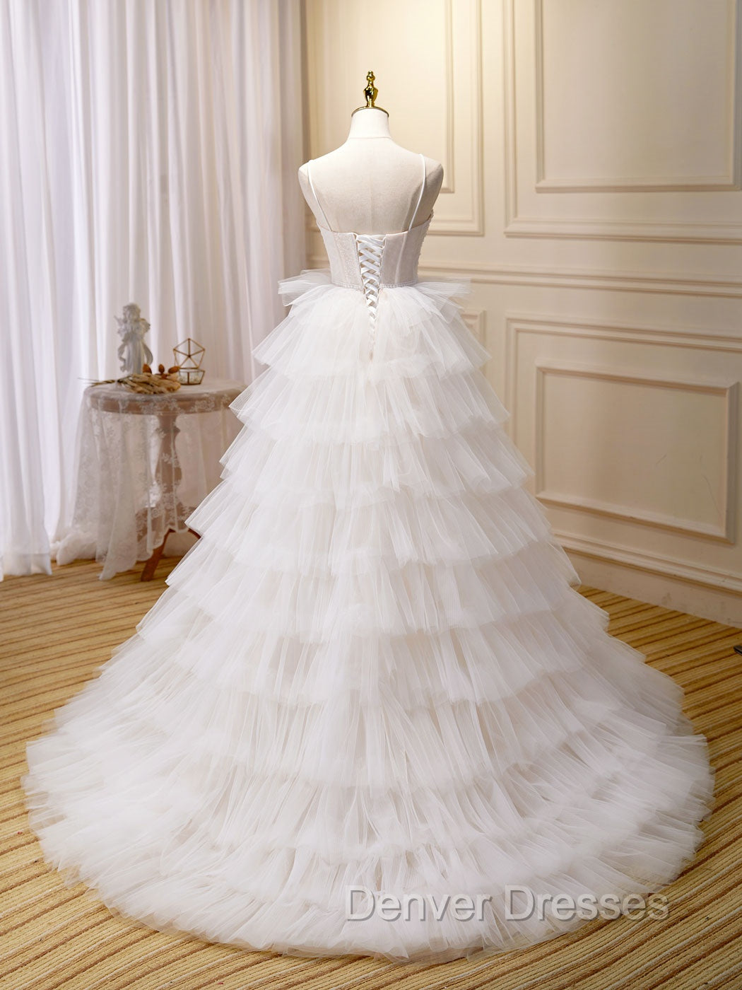 Ball-Gown/Princess Tulle White Long Prom Dress With Beading Flower Cascading Ruffles
