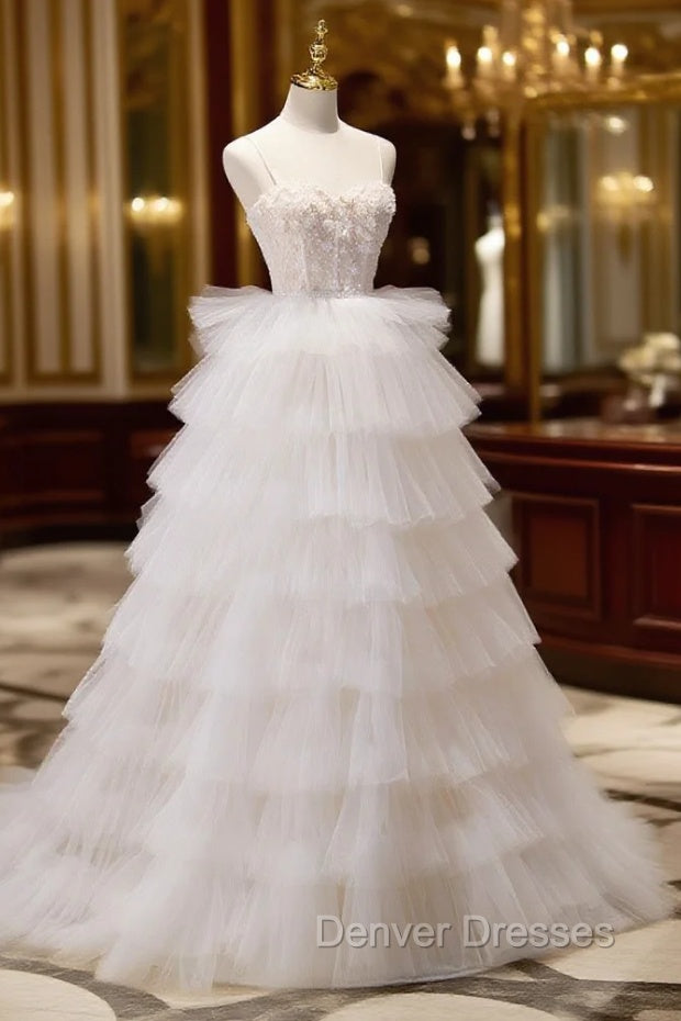 Ball-Gown/Princess Tulle White Long Prom Dress With Beading Flower Cascading Ruffles