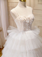 Ball-Gown/Princess Tulle White Long Prom Dress With Beading Flower Cascading Ruffles