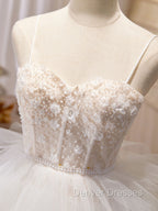 Ball-Gown/Princess Tulle White Long Prom Dress With Beading Flower Cascading Ruffles