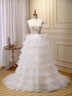 Ball-Gown/Princess Tulle White Long Prom Dress With Beading Flower Cascading Ruffles