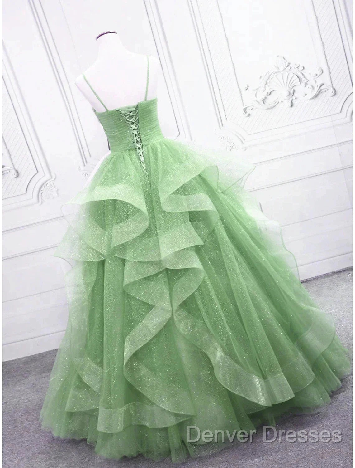 Ball Gown Prom Dress Glittering Dress Formal Floor Length Sleeveless V Neck Tulle With Glitter Ruffles