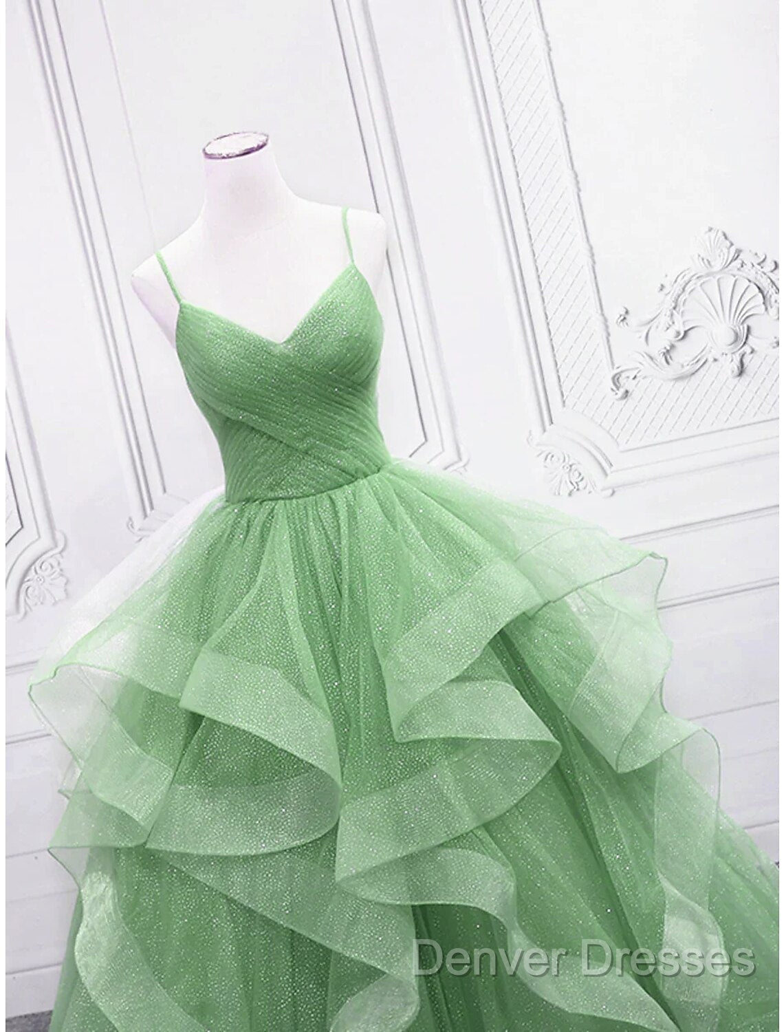 Ball Gown Prom Dress Glittering Dress Formal Floor Length Sleeveless V Neck Tulle With Glitter Ruffles