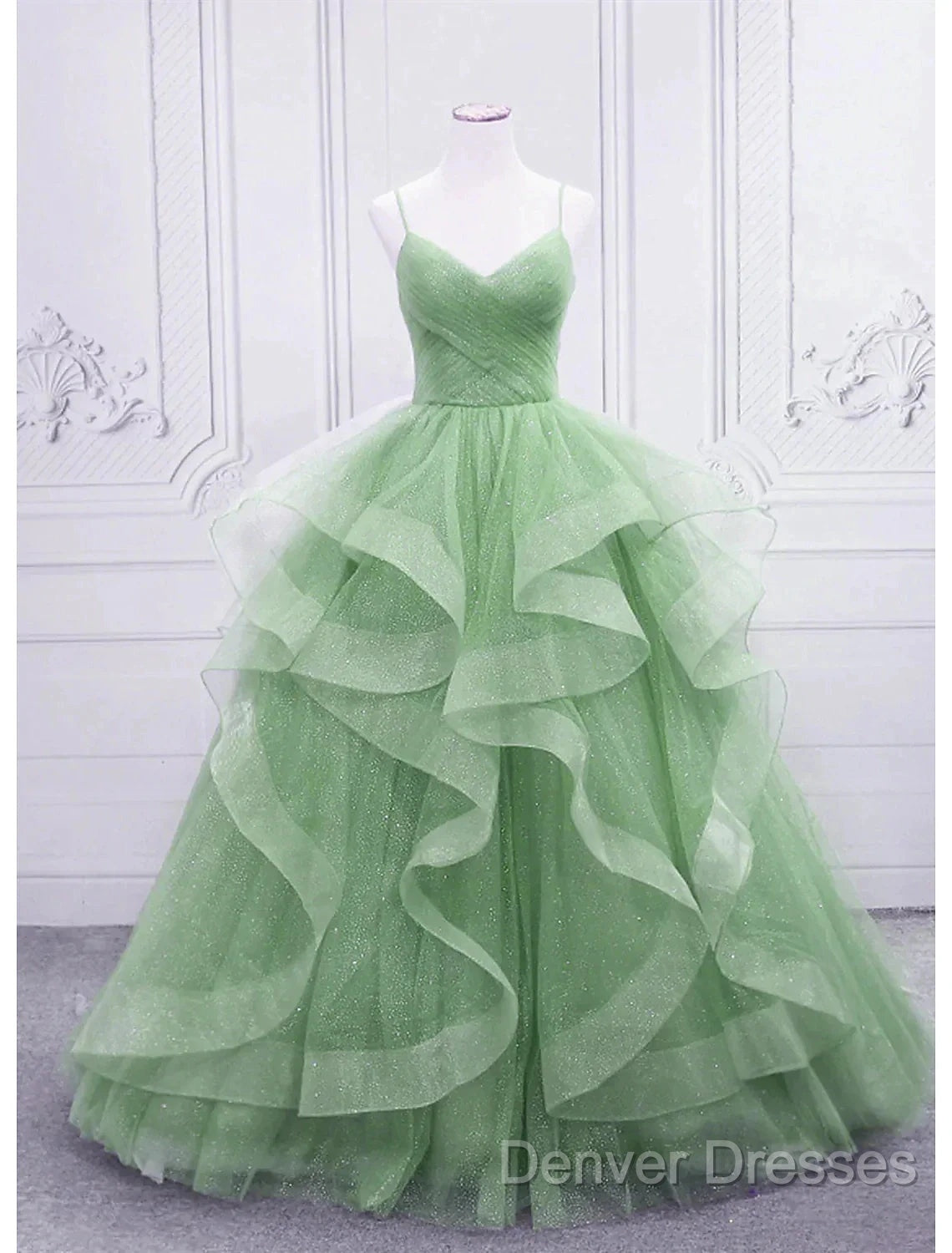 Ball Gown Prom Dress Glittering Dress Formal Floor Length Sleeveless V Neck Tulle With Glitter Ruffles