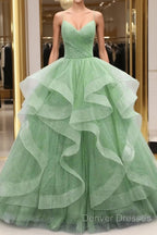 Ball Gown Prom Dress Glittering Dress Formal Floor Length Sleeveless V Neck Tulle With Glitter Ruffles
