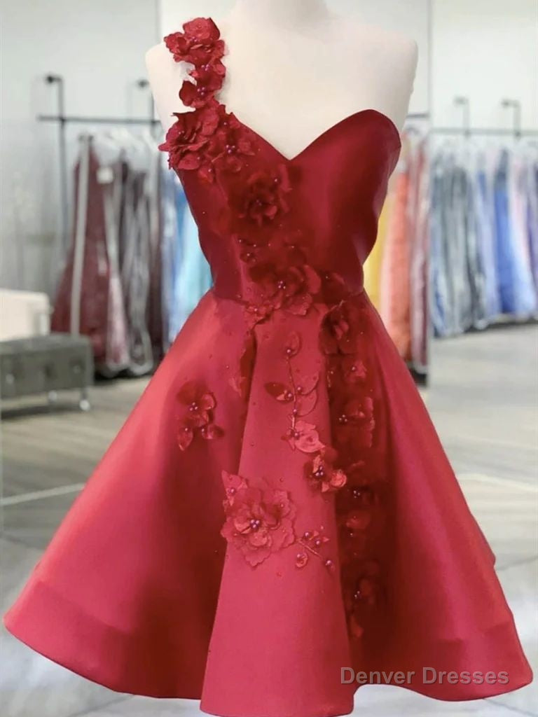 Ball Gown Red Hand-Made Flowers Satin One Shoulder Sleeveless Short Homecoming Dresses Main image