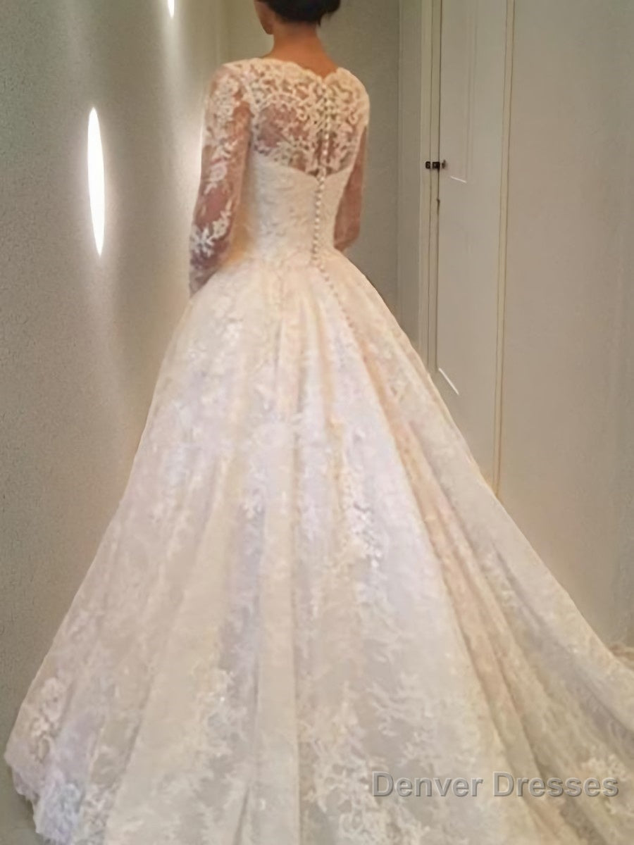 Ball Gown Scoop Cathedral Train Lace Wedding Dresses With Ruffles Secondary image