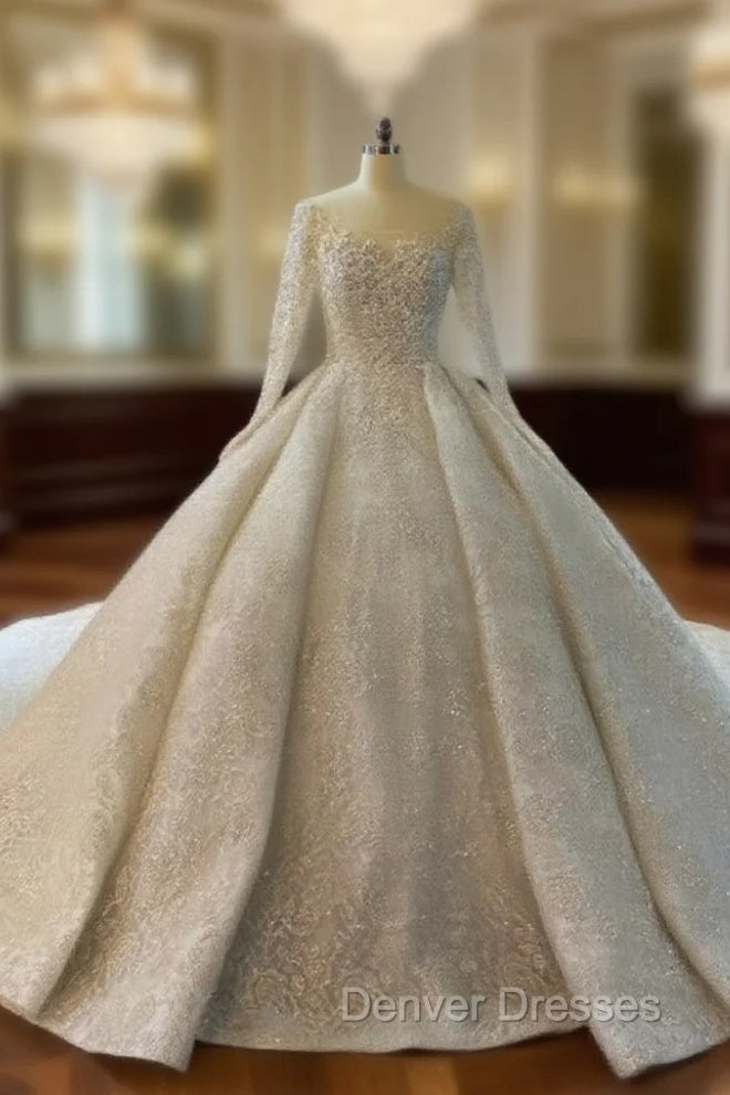 Ball Gown Sequins Long Sleeve Beading Luxury Wedding Dress
