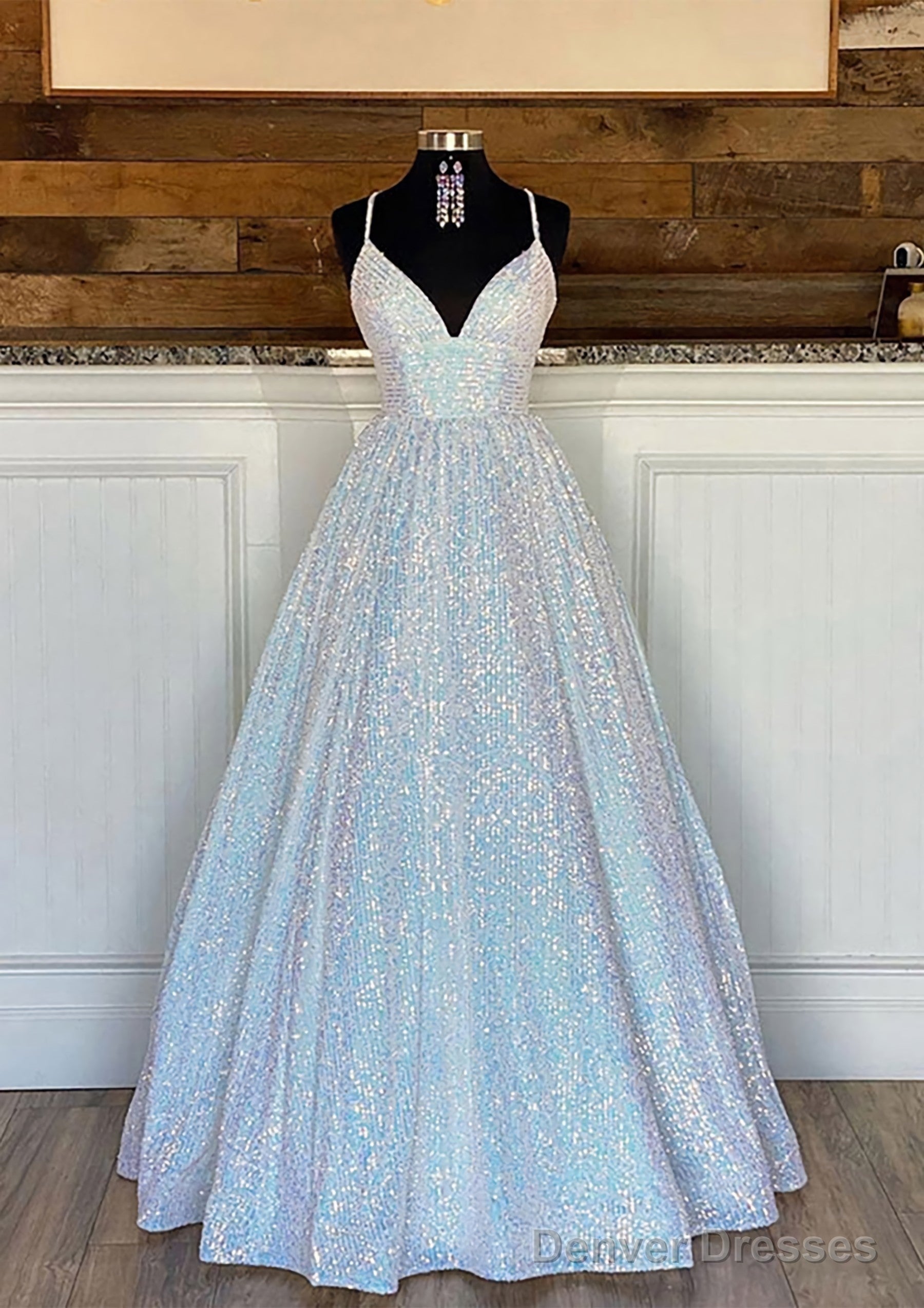 Ball Gown Sleeveless V Neck Long/Floor-Length Sequined Sparkling Prom Dresses With Pleated Main image