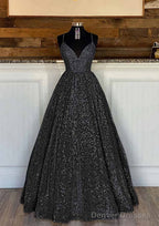 Ball Gown Sleeveless V Neck Long/Floor-Length Sequined Sparkling Prom Dresses With Pleated