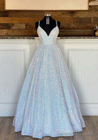 Ball Gown Sleeveless V Neck Long/Floor-Length Sequined Sparkling Prom Dresses With Pleated