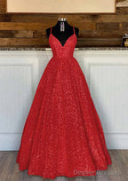 Ball Gown Sleeveless V Neck Long/Floor-Length Sequined Sparkling Prom Dresses With Pleated