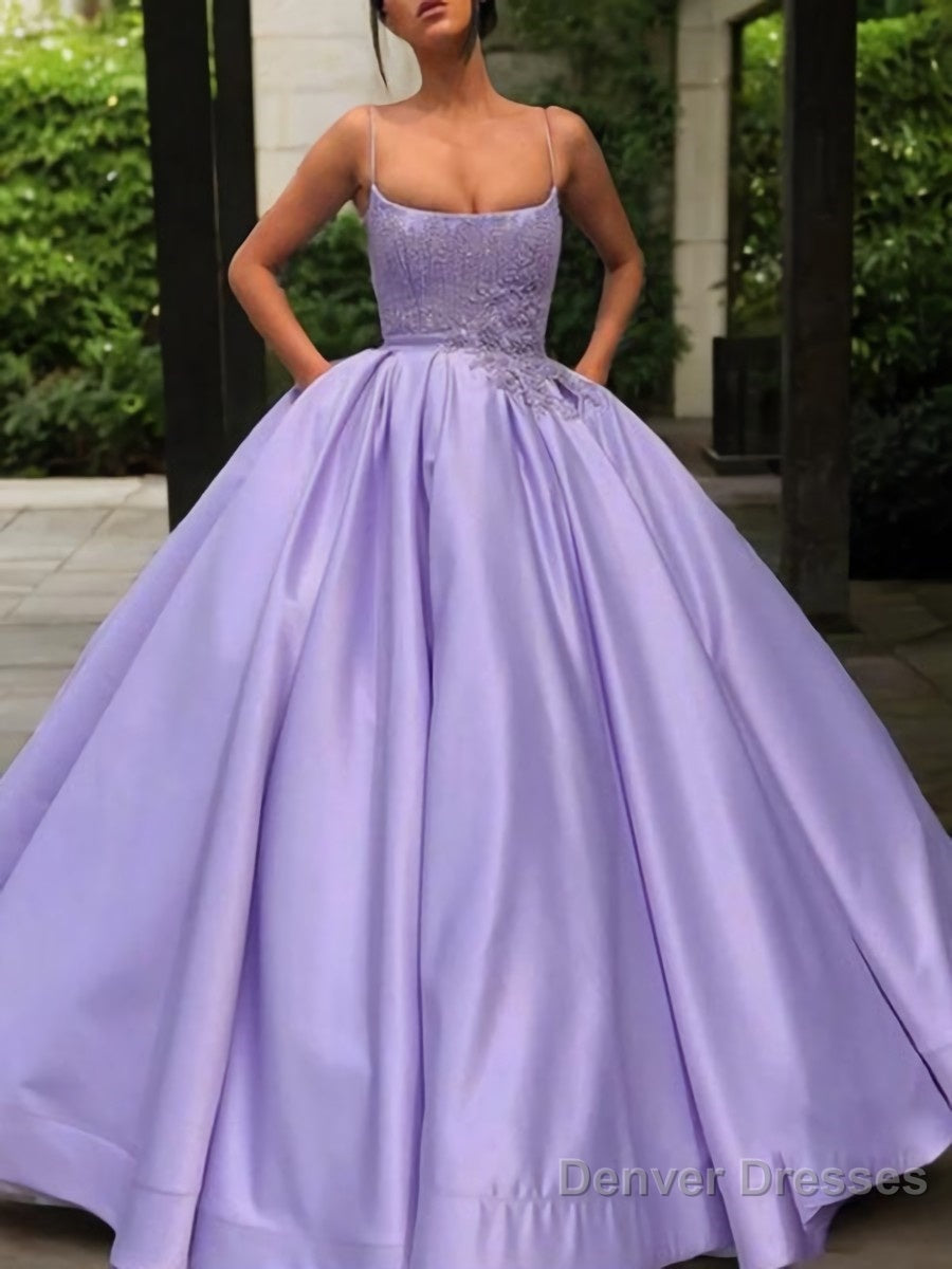Ball Gown Spaghetti Straps Floor-Length Satin Evening Dresses With Appliques Lace Main image