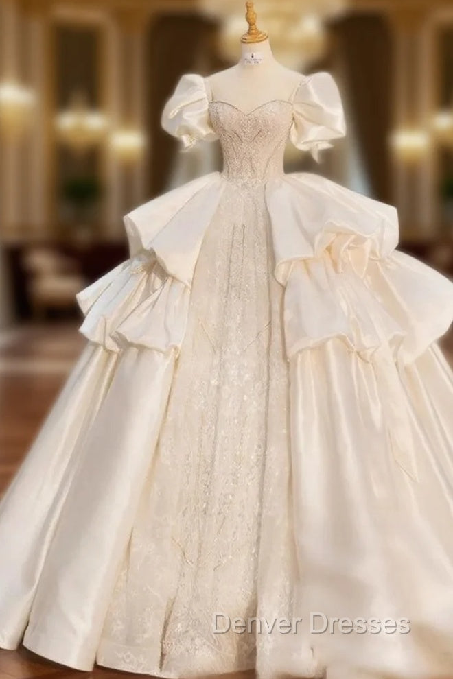 Ball Gown Square Beading Puff Sleeve Wedding Dress