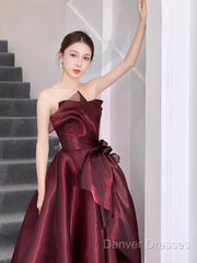 Ball Gown Strapless Burgundy Organza Prom Dress Evening Dress