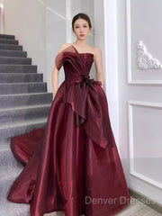 Ball Gown Strapless Burgundy Organza Prom Dress Evening Dress