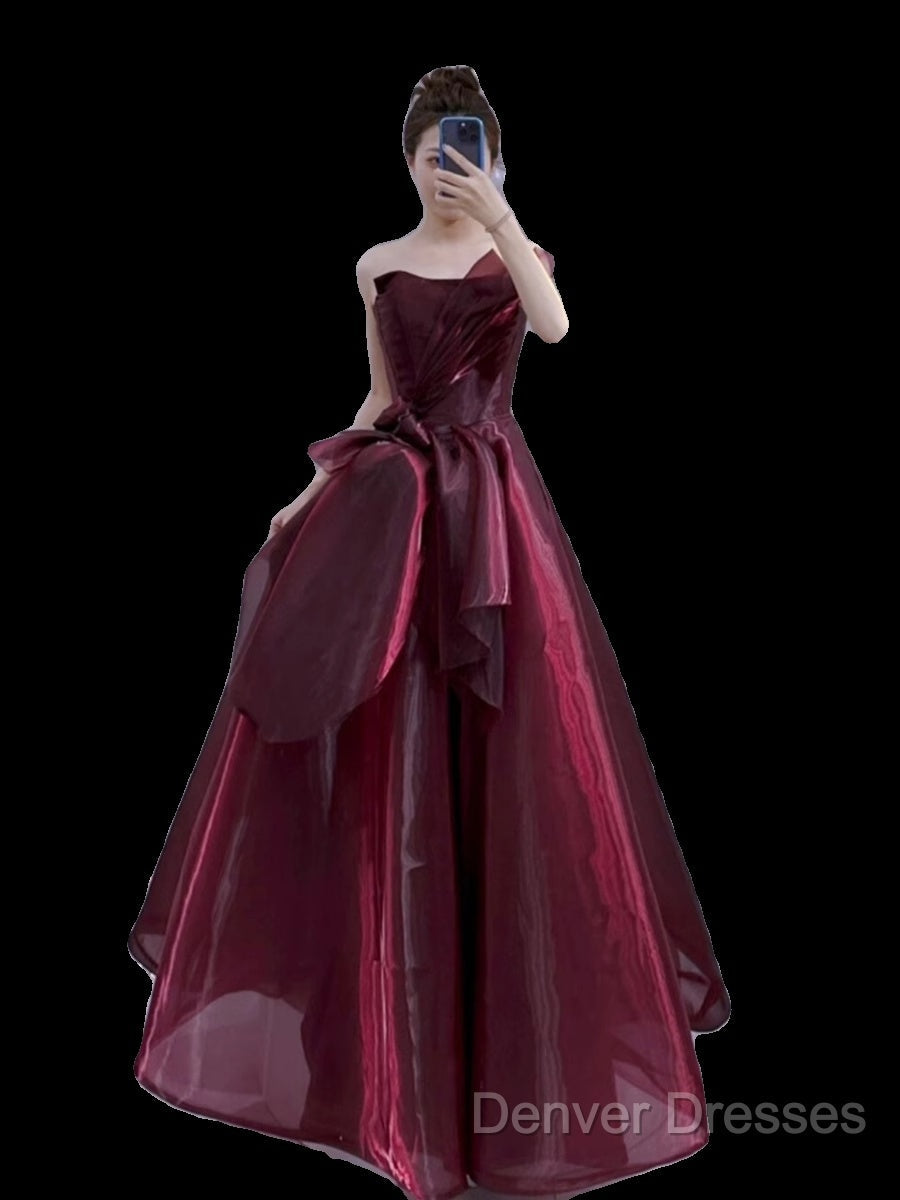 Ball Gown Strapless Burgundy Organza Prom Dress Evening Dress