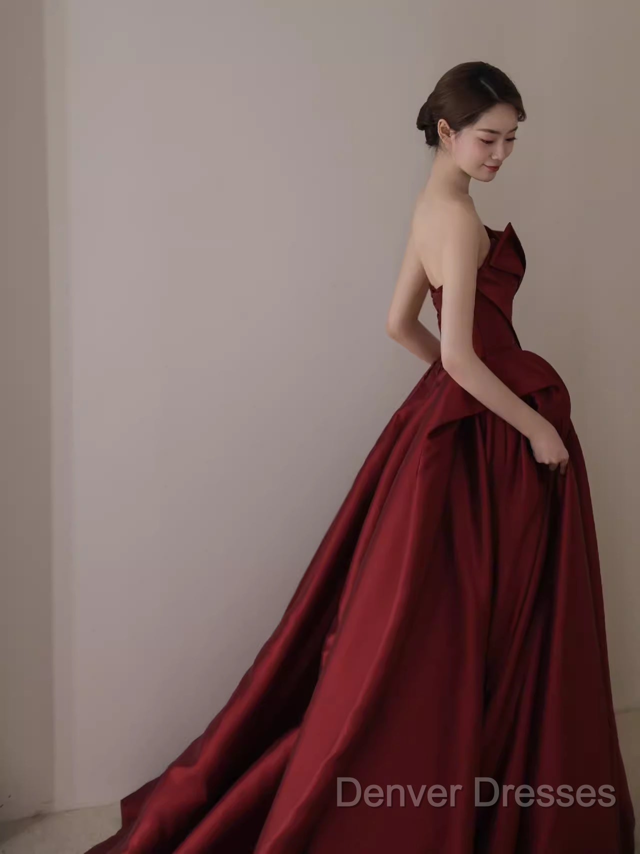 Ball Gown Strapless Burgundy Satin Prom Dress Evening Dress