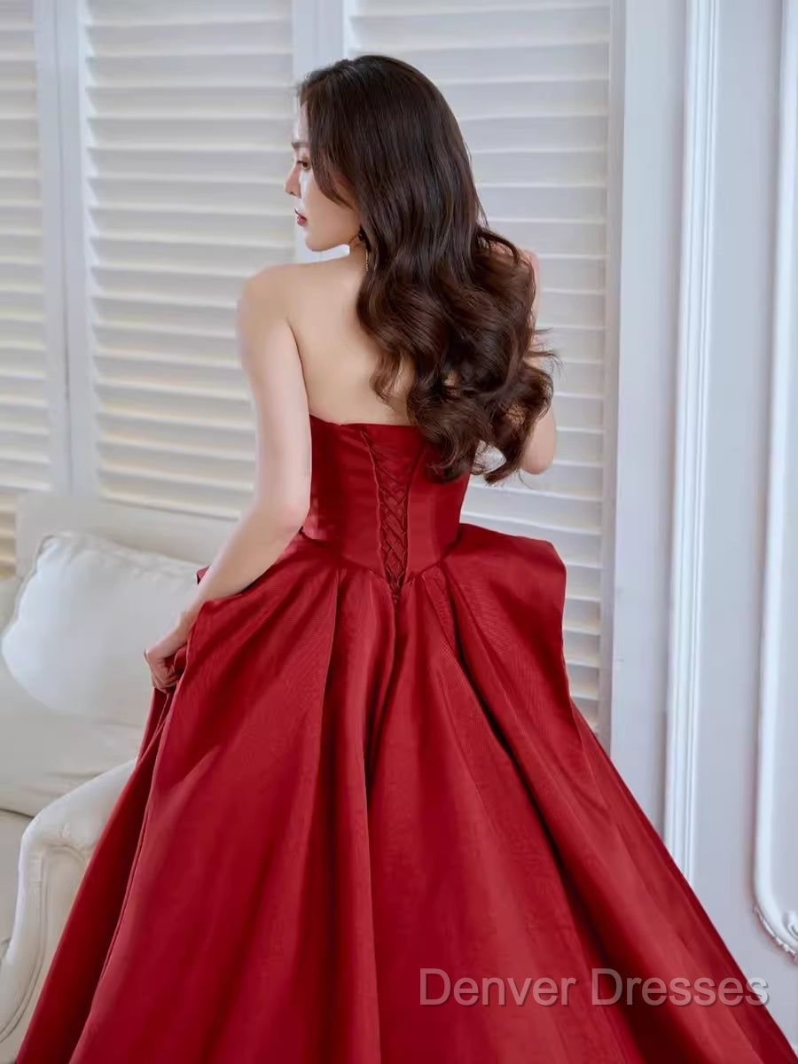 Ball Gown Strapless Burgundy Satin Prom Dress Evening Dress